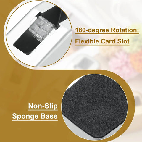 Close-up of the Heavy Duty Frosted Tape Dispenser showing flexible card slot and non-slip sponge base for stability.
