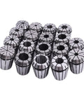 Top Notch Precision ER Collet Chuck Clamping Tool For Heavy Duty Machining CNC Routers And Mills With Secure Grip And Low Runout Reliability set of 20 collets on a flat surface.