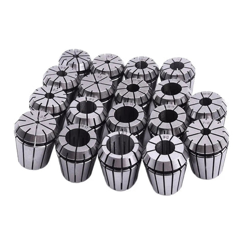 Top Notch Precision ER Collet Chuck Clamping Tool For Heavy Duty Machining CNC Routers And Mills With Secure Grip And Low Runout Reliability set of 20 collets on a flat surface.