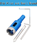 Blue 3/4-inch diamond core drill bit with vacuum-brazed edge, pilot bit and L-wrench, angled view