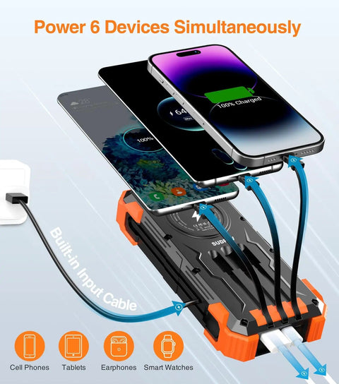 Solar Charger Power Bank With Built In Cables And 42800mAh Battery charging six devices, showing USB cables and wireless function.