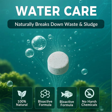 Muck Clear Natural Pond Sludge Treatment Tablets For Ponds, Fountains And Bird Baths packaging with tablet and water care icons