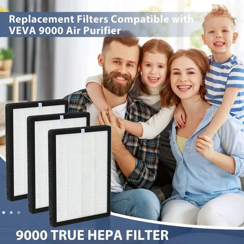 Family with three replacement HEPA filters for 9000 Series Air Cleaners, compatible with Pro 9000, traps allergens 99.97% efficiency.