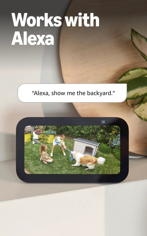 Ring Floodlight Cam Wired Plus outdoor security camera, white, Alexa-ready promo image with backyard video.