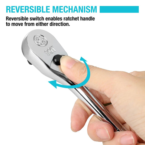 Reversible mechanism of Professional Grade Heavy Duty Ratchet Set 3 Piece Extra Long 90 Tooth Chrome Vanadium Steel shown in use.