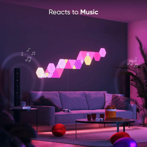 Living room with Hexagon Shapes Expansion Pack For Smarter Kit Build Bold Colorful Wall Art With Modular RGB LED Panels music reacting.