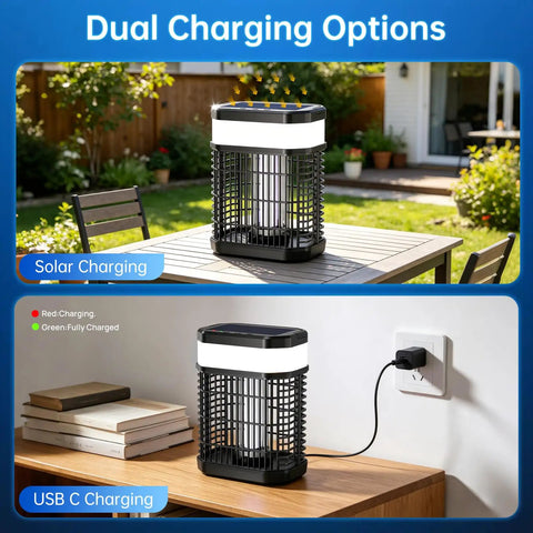 4 In 1 Bug Zapper Outdoor Portable And Rechargeable Mosquito Killer With 5000mAh Battery shown solar charging on a patio table.