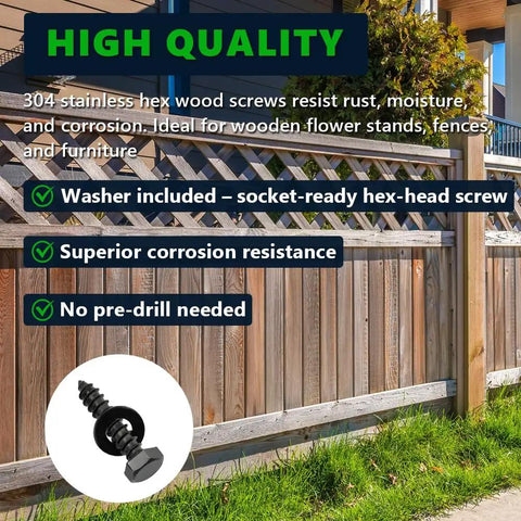 Heavy Duty Stainless Steel Lag Screws With Flat Washers 12 Pack One Quarter Inch By Four Inch Black Hex Head Wood Screws 304 Stainless 18 8 Corrosion Resistant With Black Oxide Coating For Decks Fences And Outdoor Projects visible with fencing