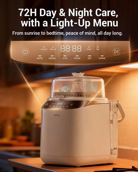 Bear Bottle Washer Pro on kitchen counter; beige baby bottle sterilizer with clear lid and digital controls
