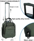 Underseat Carry-On Roller Luggage 16 Inch Lightweight Bag With Wheels For Men And Women, Go-To Travel Case, Water Resistant And Anti Scratch, Army Green with extended handle and close-up of silent wheels.