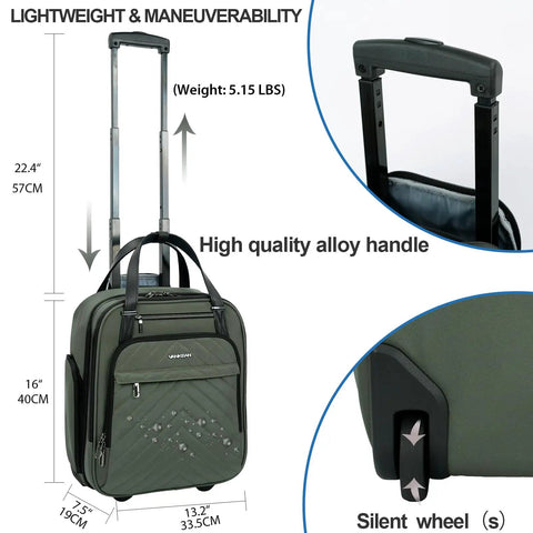 Underseat Carry-On Roller Luggage 16 Inch Lightweight Bag With Wheels For Men And Women, Go-To Travel Case, Water Resistant And Anti Scratch, Army Green with extended handle and close-up of silent wheels.