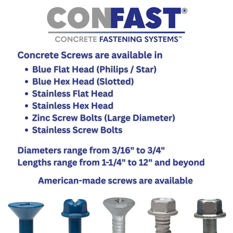 One Quarter Inch By One And One Quarter Inch Blue Flat Phillips Concrete Screw Anchor With Drill Bit For Masonry Block Or Brick Self Tapping Diamond Point And Quick Drive Design 100 Per Box CONFAST