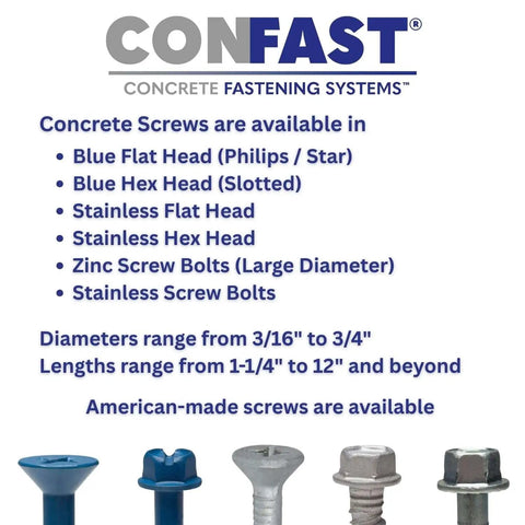 Assorted concrete screws and bolts with various head types and sizes listed, featuring Confast branding.