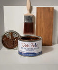 No Sweat Oil Base Gel Stain In Chestnut with brush and wood sample, perfect for DIY home refresh and furniture finishing.