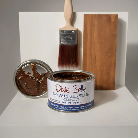 No Sweat Oil Base Gel Stain In Chestnut with brush and wood sample, perfect for DIY home refresh and furniture finishing.