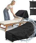 Heavy Duty Chaise Lounge Covers 2 Pack With Storage Bag Buckles And Drawstring Waterproof And UV Resistant All Season Outdoor Lounge Chair Covers 82 Inch Long By 29 Inch Wide By 31 Inch High, shown with water splash effect.