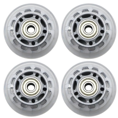Four 64mm inline skate wheels with ABEC7 bearings, 82A polyurethane clear replacement wheels for skates, office chairs, and luggage.