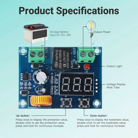 Product specifications for Two Pack Digital Dc Voltage Protector For 12 To 36 Volt Systems with LCD readout and controls.