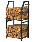 Two Tier Firewood Rack With 3 Hanging Hooks Heavy Duty Steel Wood Holder for patio, holds firewood organized, black, 31.9 in H