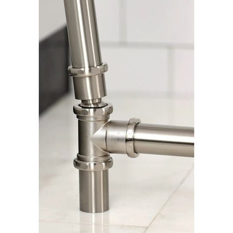 Close-up of Tub Waste And Overflow Drain Assembly With Double Pivoting Action, Brushed Nickel Finish, solid brass construction.