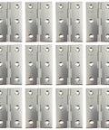 12 Pack of Kickass 3-Inch Premium Rustproof Stainless Steel Folding Hinges with Brushed Finish for Rugged Cabinet Doors Wood Boxes and Creative DIY Crafts Includes 72 Screws arranged neatly with screws.
