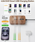 Wooden Walnut Power Strip With USB Ports, 5 Ft Long, 8 AC Outlets, 6 USB Ports Including USB C Fast Charging in use