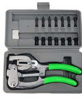 1 Ton Power Punch Kit For Sheet Metal Hole Punching With 7 Size Die Set In Case, hand tool with green handles and storage case.