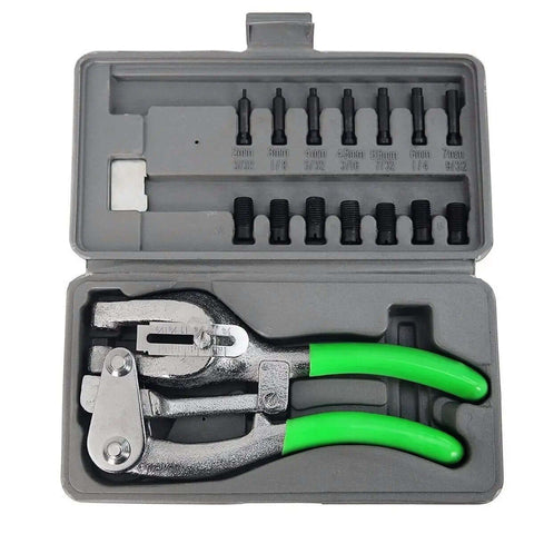 1 Ton Power Punch Kit For Sheet Metal Hole Punching With 7 Size Die Set In Case, hand tool with green handles and storage case.