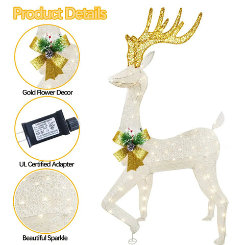 Lighted Outdoor Reindeer Family Set For Christmas 3 Piece Yard Decor with 230 Warm White LEDs 64 Inch Buck with Gold Flower