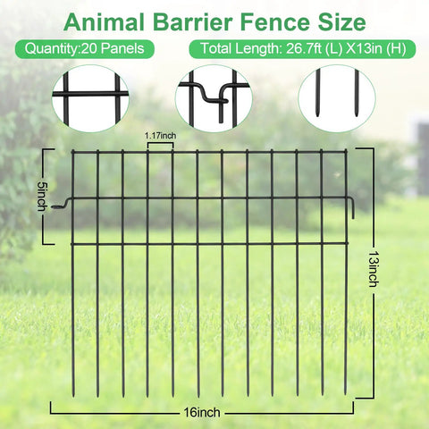 Diagram showing specifications of No Dig Garden Fence 27 Ft Long With 20 Panels 13 Inch High Rustproof Metal Stakes.
