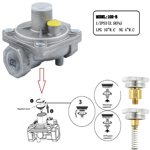 Front view of MCAMPAS dual fuel gas regulator, 1/2 FPT NG/LP out; includes 3/4-16UNF and 3/8 adapter
