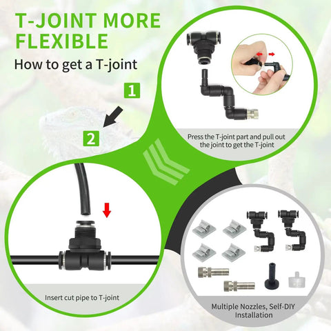 Diagram showing assembly of Misting Irrigation Kit For Plants With One Quarter Inch And One Half Inch Tubing