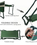 Built Tough Garden Kneeler And Seat Foldable Stool with tool pouch and storage bag, displaying foldable design and handle grip.