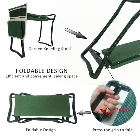 Built Tough Garden Kneeler And Seat Foldable Stool with tool pouch and storage bag, displaying foldable design and handle grip.