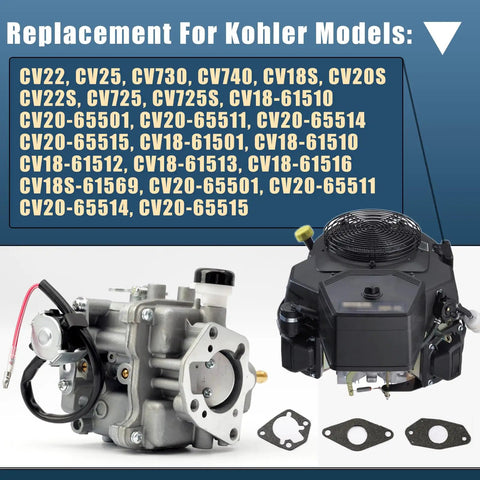 Beefed Up 20HP Carburetor Replacement Kit for Miller Bobcat Kohler CH20S next to compatible Kohler engine models listing