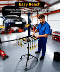 Mechanic using Adjustable Work Table And Tool Cart On Wheels For Garage And Shop, Portable Mechanic Workstation With 360 Degree Locking Casters, Height From 24 To 37 Inches, Ergonomic Storage Organizer in a garage setting