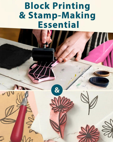Person using brayer with All In One Printmaking And Stamp Making Kit For Beginners With Linoleum Blocks Ink and designs.