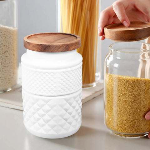 Dope Vintage Matte White Glass Canisters Set With Solid Wood Airtight Lids For Coffee Beans Tea And Grains, textured design, large capacity.