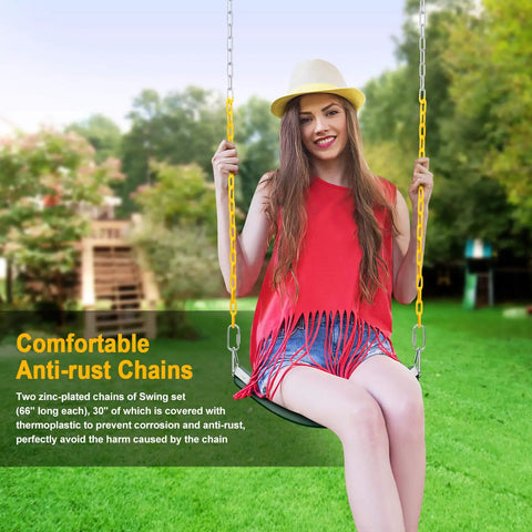 Woman on swing with Swing Seat With 66 Inch Anti Rust Chains Thermoplastic Coated Supports 250 Lb Heavy Duty Cushion Accessories Replacement