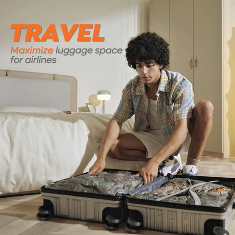 Man using Rechargeable Wireless Vacuum Storage Bags Set 10 Pack No Outlet For Travel and Home in suitcase for travel efficiency