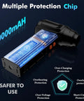 Beast Mode Cordless Air Duster With LED Light, 180000 RPM Turbo Cleaning Power showing internal battery and protection features