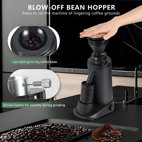Kickstart Your Daily Brew With This No Fuss Commercial Coffee Grinder Equipped With Precision Conical Burrs Aluminum Alloy Build And Smart Stepless Timing Dial For Silky Espresso And Tea Lovers with blow-off bean hopper