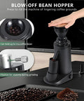 Premium Commercial Coffee Bean Grinder With Stepless Flat Conical Burrs 350G showing blow-off bean hopper and adjustable settings.