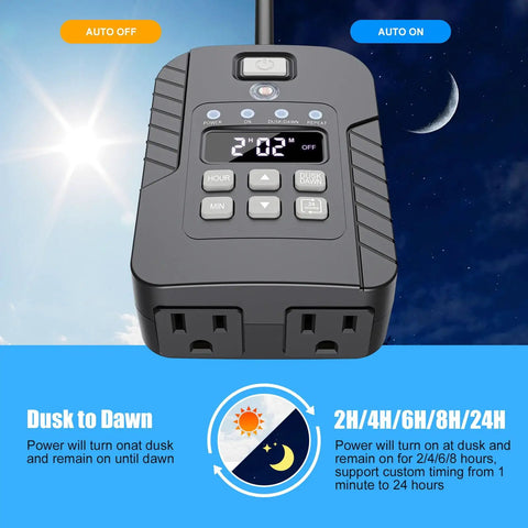 Heavy Duty Outdoor Light Timer Waterproof With Remote 15Amp Dual Grounded Outlet with digital display and buttons for settings.