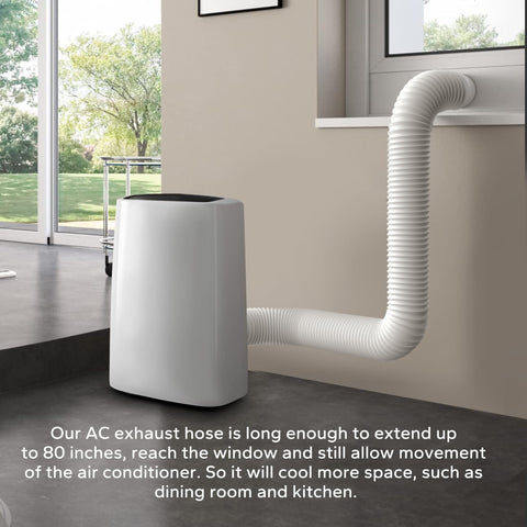 Flexible AC Exhaust Hose For Portable Air Conditioners, 5.9 Inch Diameter, Extendable Up To Eighty Inches, installed on a unit.