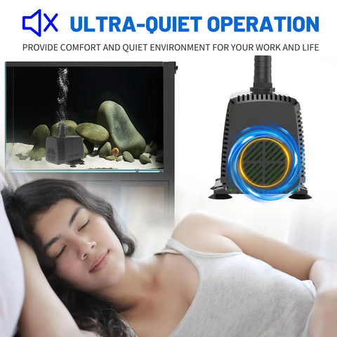 Woman resting next to aquarium with Beefed Up Submersible Pump 880 GPH With Auto Shut Off Ultra Quiet Operation visible.
