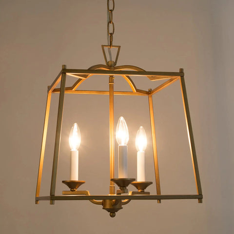 Gold Lantern Chandelier Three Light Pendant Lighting For Kitchen Island And Dining Room In Antique Brushed Gold Finish