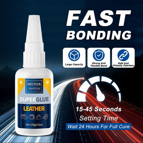 Image of Leather Glue Pro Grade 100g bottle against a road background, highlights fast setting time and strong bonding features.