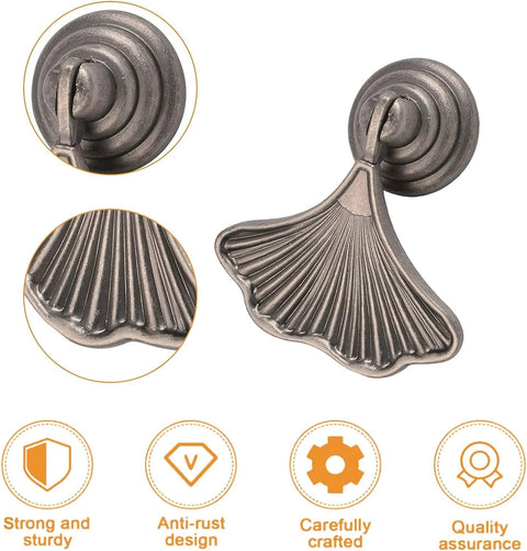 Ginkgo Leaf Shape Knob Handles, 2 Pack Antique Nickel Zinc Alloy Drawer Pulls, shown close-up with anti-rust design and sturdy build.