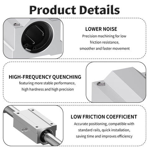 Product details highlighting lower noise, high-frequency quenching, and low friction coefficient for 2 Pack SCS20LUU Linear Ball Bearings.